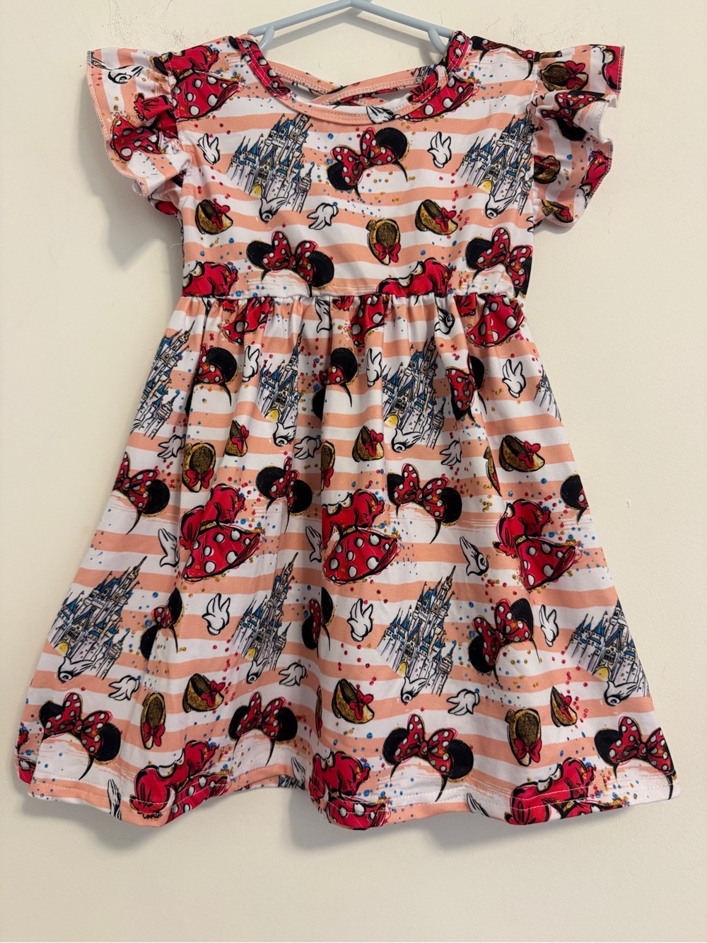 Girls Pink Striped Disney Minnie Bow and Castle Print Flutter Sleeve Dress